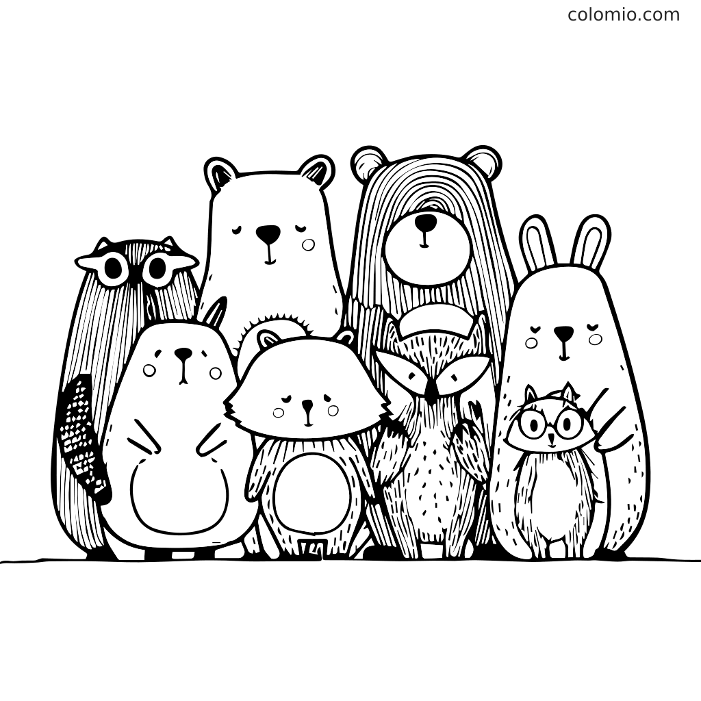 Una pagina da colorare con un gruppo di animali cartoni animati carini, tra cui un orso, un coniglio, un gufo e un procione, perfetta per i bambini.