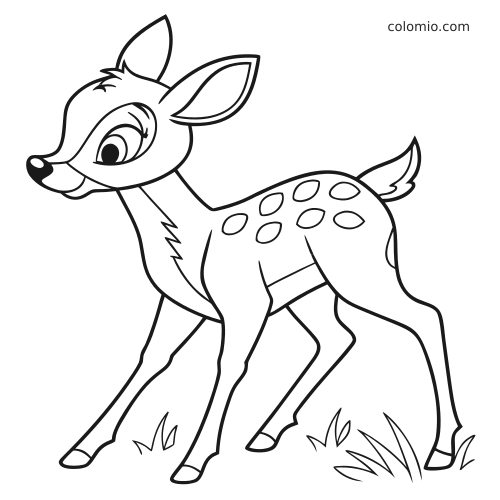 Piirros Bambi-tyylisestä peuranvasasta, jolla on suuret silmät, pilkkuja selässä ja ruohotuppoja jalkojen vieressä.