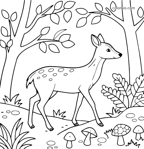 Täplikäs peura kävelee yksinkertaisessa metsämaisemassa, jossa näkyy puita, lehtiä, pensaita ja sieniä maassa.