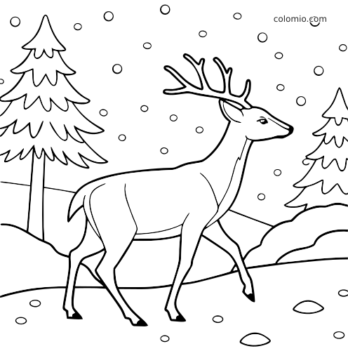 Yksinkertainen viivapiirros peurasta sarvineen lumisessa talvimaisemassa kuusten välissä, ja lunta sataa ympärillä.