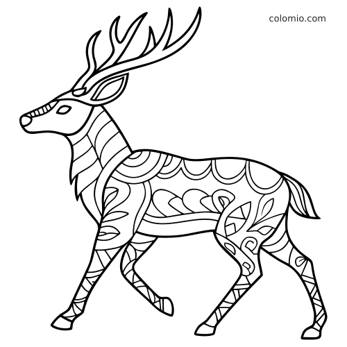 Sivulta kuvattu hirvi, jolla on suuret sarvet ja yksinkertaisia zentangle-kuvioita vartalossa ja jaloissa.