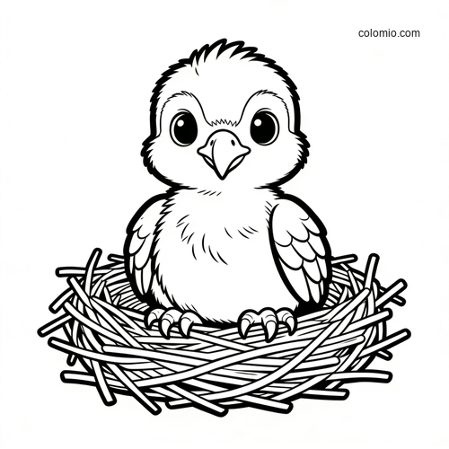 A cute baby eagle chick with big eyes sits in a twig nest, shown in a simple cartoon-style black-and-white outline.