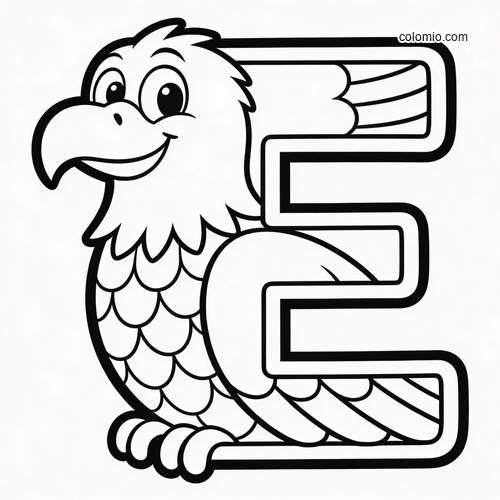 A big uppercase letter E with a smiling cartoon eagle beside it, drawn in bold black outlines for kids to color.