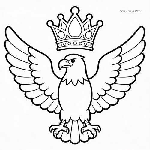 Black-and-white outline of an eagle with wings spread wide and a crown above its head in a simple buildable design.