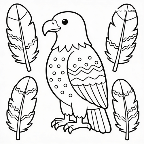 Black and white worksheet page with a cartoon eagle in the center and four patterned feathers around it for counting.