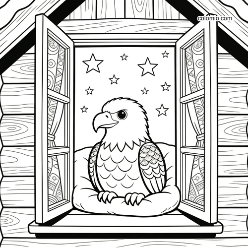A cute eagle sits on a cushion in an open tiny cabin window, with stars outside and simple black-and-white line art.