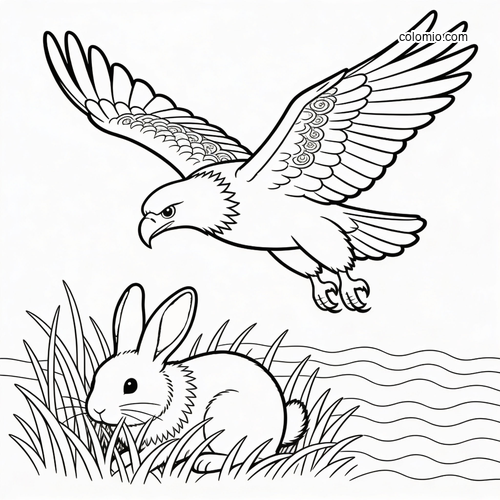 A line art eagle swoops above a rabbit hiding in tall grass beside water in a simple chase scene.