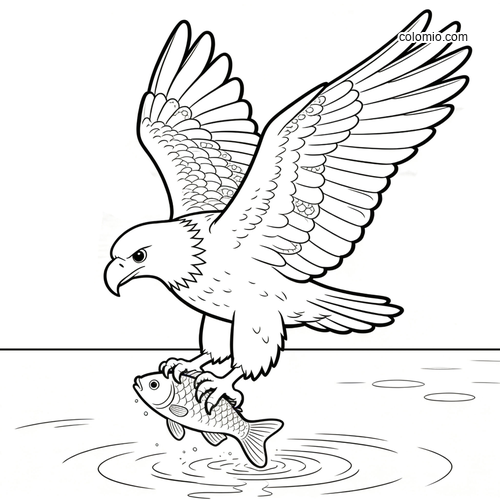 Black-and-white line art of an eagle with wings spread, lifting a fish from the water in its talons.