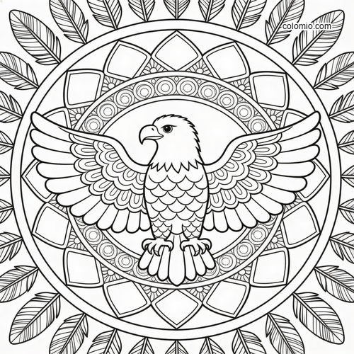 An eagle with spread wings centered in a circular mandala, surrounded by a ring of detailed feathers.