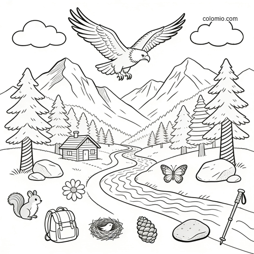 A line art eagle flying above a mountain valley with pine trees, cabin, river, and small nature items in the foreground.