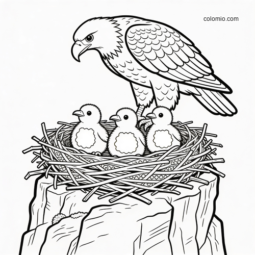 A bald eagle stands beside a twig nest with three fluffy chicks perched on a rocky cliff in simple line art.