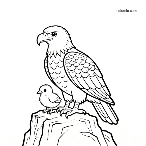 A parent eagle and a fluffy chick stand together on a rocky cliff in a simple black-and-white line drawing.