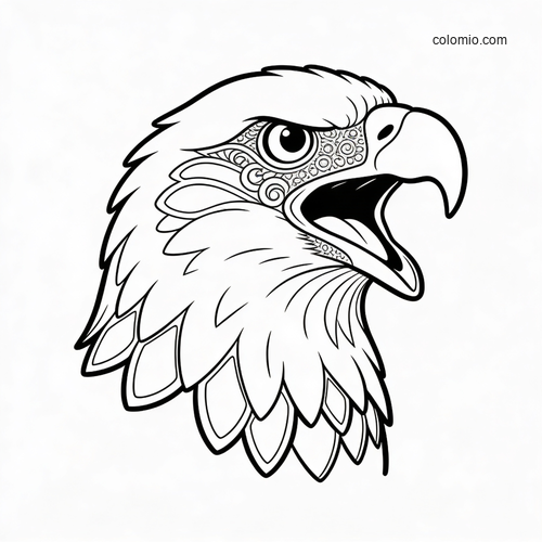 Black-and-white close-up of a screaming eagle head in profile with detailed patterned face markings and layered feathers.