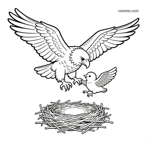 A line art eagle with spread wings teaches a small chick to fly above a twig nest in a clean black and white scene.