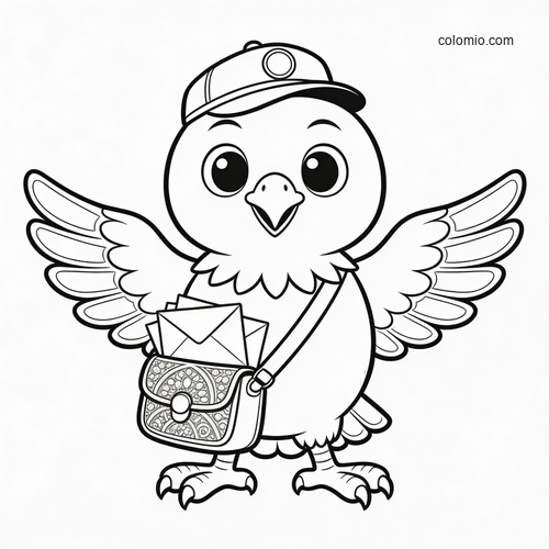 A cute cartoon eagle postman wearing a cap, spreading its wings, and carrying letters in a shoulder mailbag.