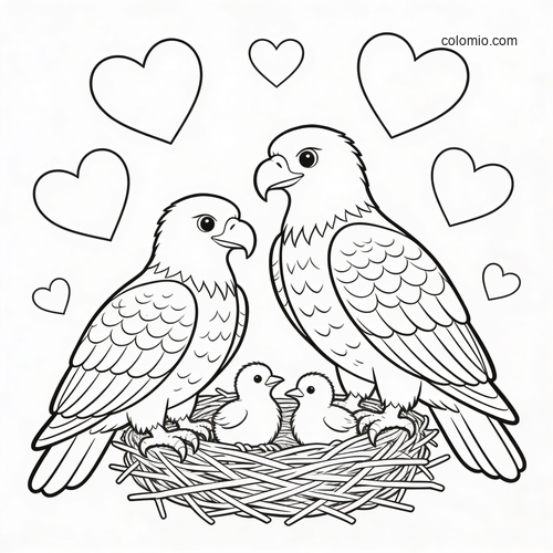 Two adult eagles and two chicks in a nest, surrounded by heart shapes in a cute black-and-white line drawing.