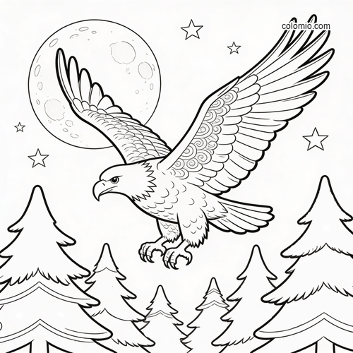 A soaring eagle with spread wings flies over pine trees under a large moon and stars in a simple black-and-white outline.