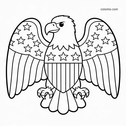 Black-and-white patriotic eagle with spread wings, stars on the wings, and striped chest in a simple cartoon style.