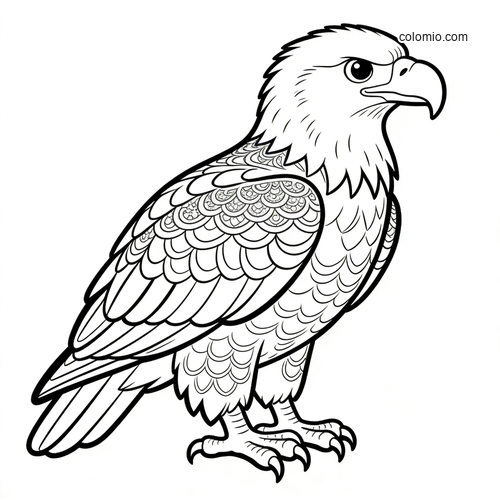 A realistic bald eagle shown in side profile with detailed feather patterns, standing upright in clean black outline.