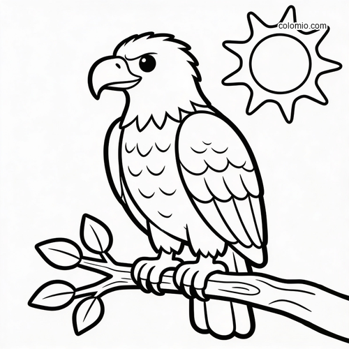 A simple cartoon-style eagle perched on a tree branch with leaves, with a large sun in the background.