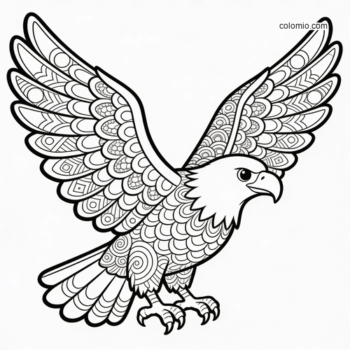 Black-and-white eagle with raised patterned wings, filled with zentangle-style feathers and decorative line details.