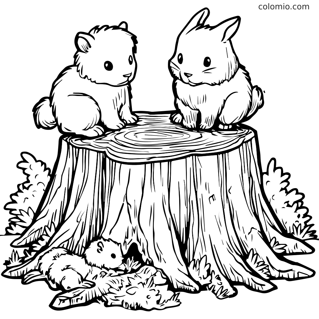 En fargeleggingsside med en kanin og et marsvin på en trestubbe, omgitt av grønt.