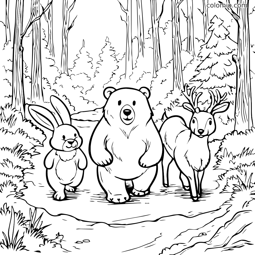En farvelægningsside med en kanin, en bjørn og en hjort, der går sammen i en skovscene.