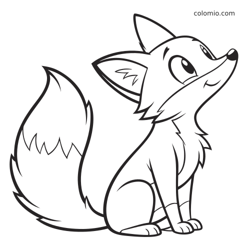 Una volpe in stile cartone animato seduta, con grande coda folta, occhi grandi e contorni semplici e marcati da colorare.