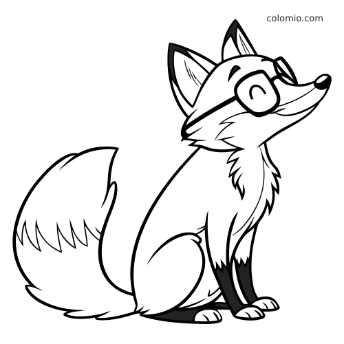 Una volpe in stile cartone animato, seduta e sorridente, con grandi occhiali, disegnata con contorni semplici in bianco e nero.