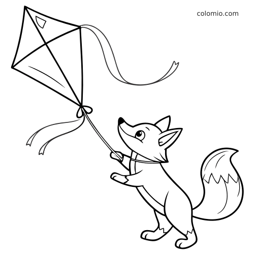 Una volpe in stile cartone animato, in piedi sulle zampe posteriori, tiene il filo di un aquilone in bianco e nero.