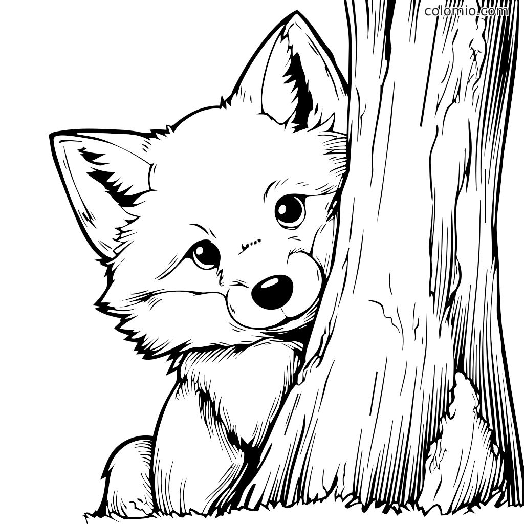 Leikkisä kettu, joka kurkistaa puun takaa, täydellinen väritettäväksi.