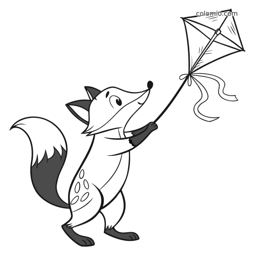 Una volpe in piedi, con dettagli sul pelo e sulla coda, tiene il filo di un aquilone e guarda verso l'alto.