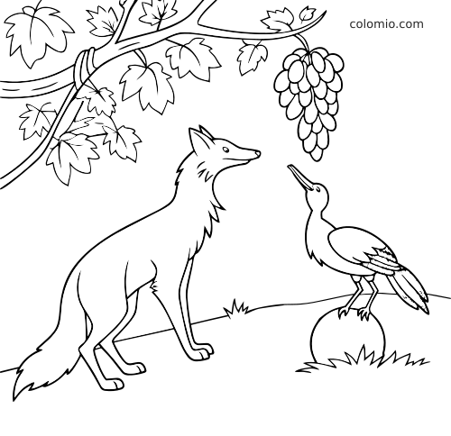 Disegno al tratto di una volpe e una cicogna che guardano un grappolo d’uva appeso a un ramo di vite.