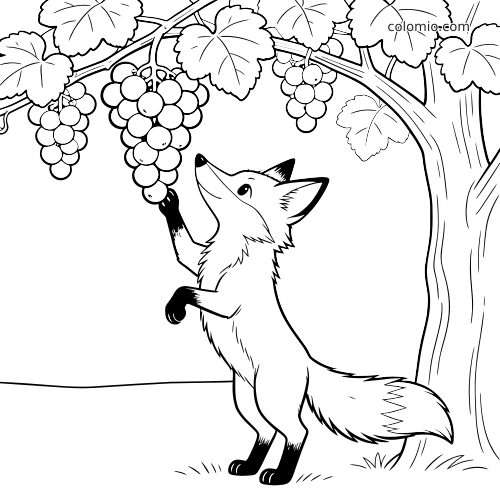 Una volpe in bianco e nero si alza sulle zampe posteriori per raggiungere un grappolo d'uva appeso alla vite.