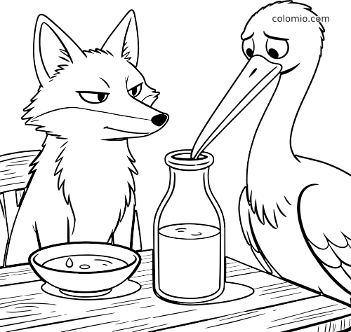 Scena in bianco e nero con una volpe e una cicogna a tavola; la cicogna beve da una bottiglia alta accanto a una ciotola bassa.