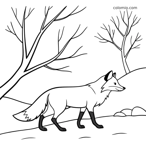 Una volpe cammina in un bosco innevato con alberi spogli, raffigurata in una semplice scena in bianco e nero.