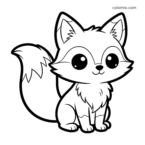 Una volpe kawaii seduta con grandi occhi rotondi, coda folta e linee semplici in stile cartone animato per bambini.