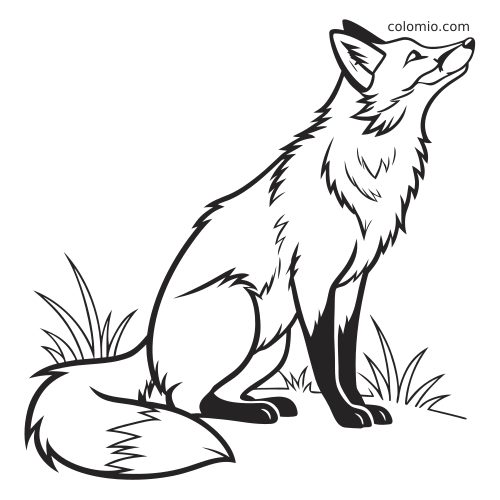 Una volpe rossa realistica seduta con la testa sollevata, circondata da piccoli ciuffi d’erba e dettagli del pelo.