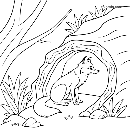 Disegno al tratto semplice di una volpe seduta all'ingresso della tana, circondata da alberi, erba e rocce.