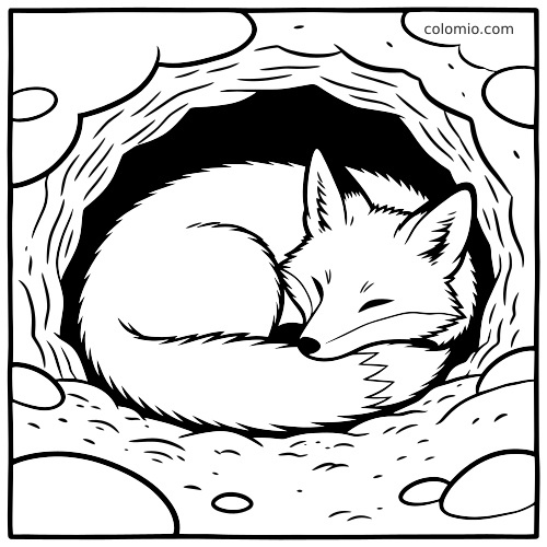 Disegno in bianco e nero di una volpe addormentata, rannicchiata dentro la sua tana, con sassi intorno all'ingresso.