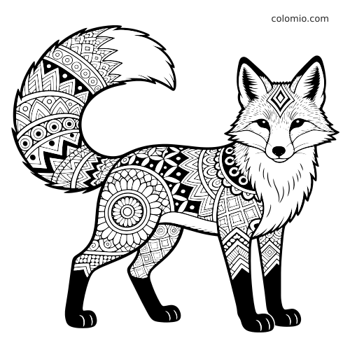 Una volpe vista di fronte con coda arricciata, ricoperta da fitti motivi zentangle, cerchi e dettagli geometrici.