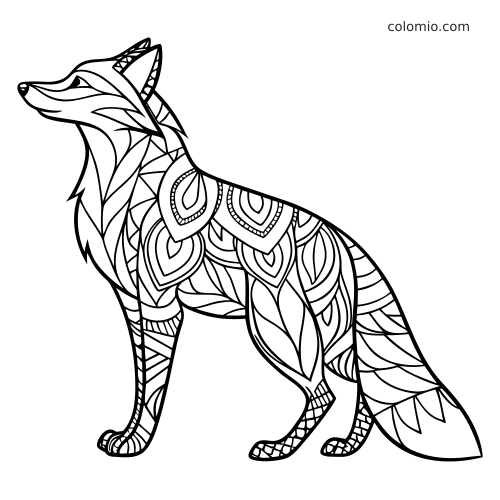 Una volpe in piedi vista di profilo, decorata con motivi zentangle a foglia e contorni neri ben definiti.