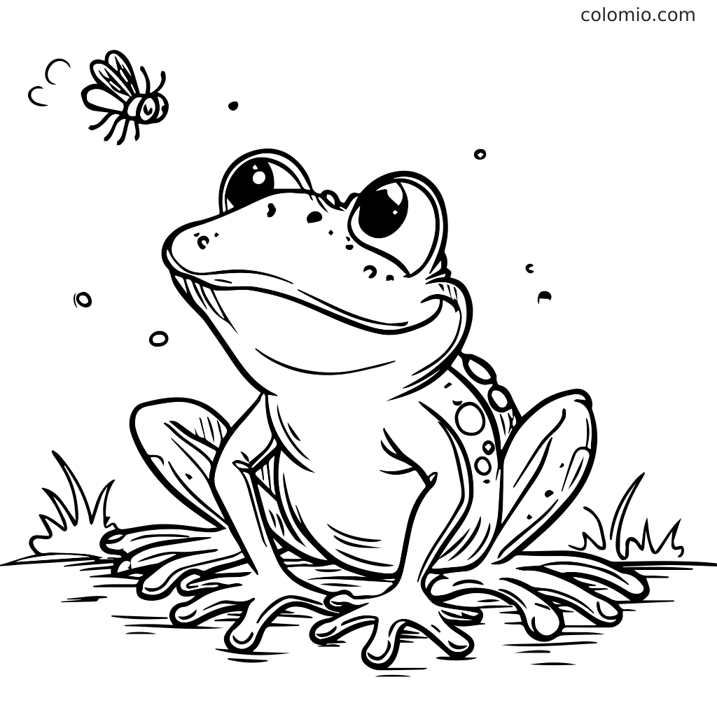 En søt frosk som sitter på gresset og ser på en summende bie, klar til å fargelegge.