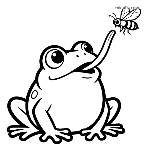 Una rana in stile cartone animato vista da vicino allunga la lingua verso una mosca volante davanti alla bocca.