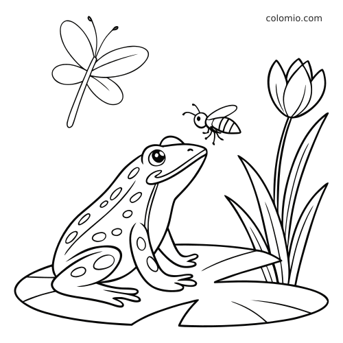 Una rana maculata è seduta su una ninfea vicino a un fiore, mentre guarda una mosca e una libellula in stile semplice.