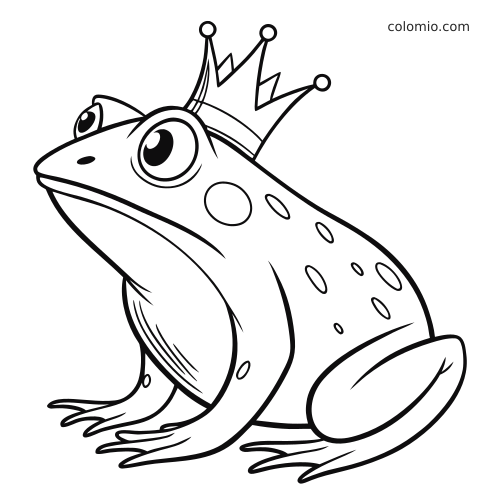 Un re rana con corona, visto di fronte, con grandi occhi, dorso maculato e contorni netti in bianco e nero.