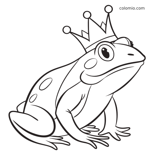 Un re rana con corona visto di lato, con grandi occhi, macchie sul corpo e contorni semplici e marcati da colorare.
