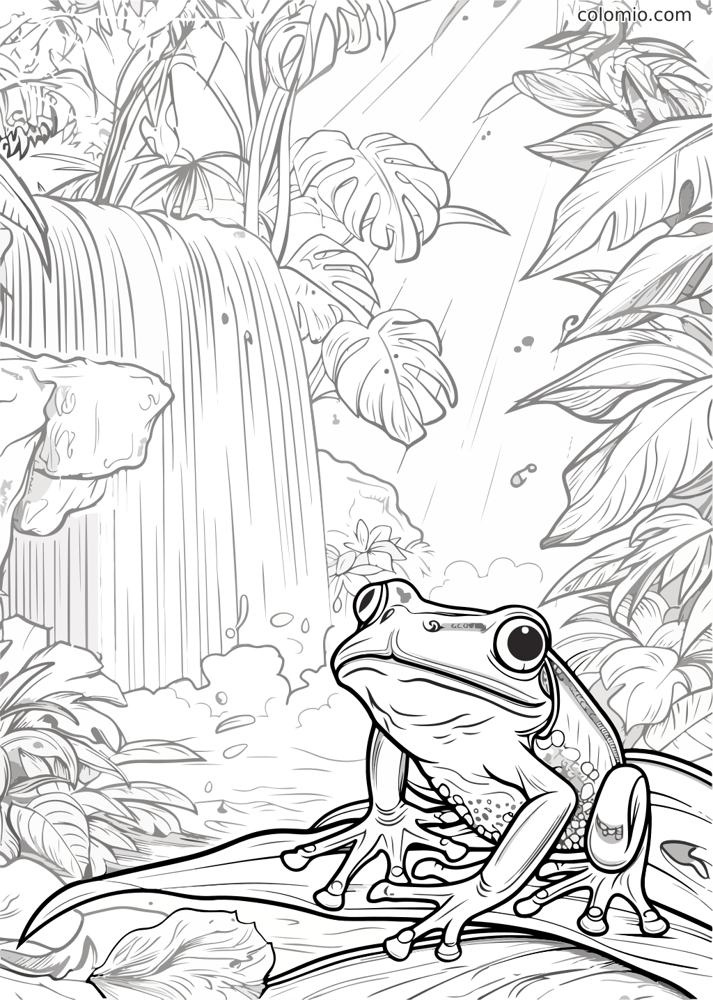 Una pagina da colorare dettagliata con una rana vicino a una cascata circondata da lussureggianti piante della giungla.
