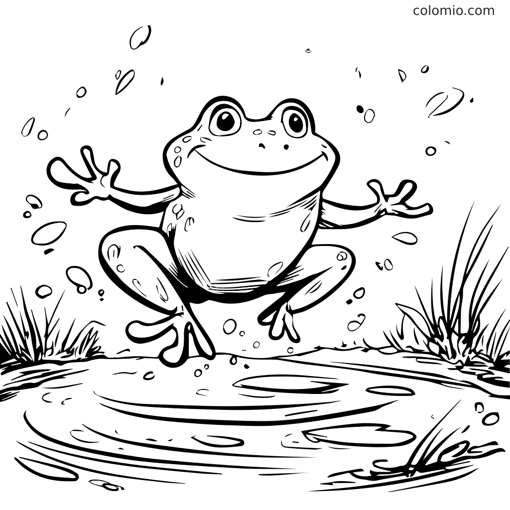 A cheerful frog jumping joyfully over a pond, surrounded by splashes and grass.