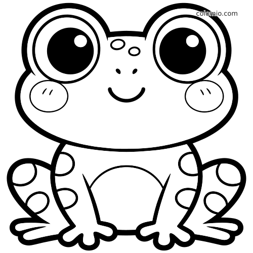 Una rana kawaii vista di fronte, seduta, con grandi occhi rotondi, guance tonde e contorni semplici e marcati.